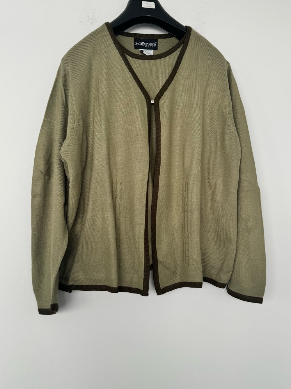 Sag Harbor Woman Faux 2pc Layered Sweater Top 1X Green Olive Cable Vintage